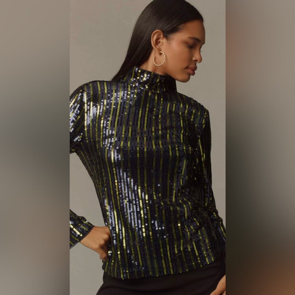 New Anthropologie Maeve Stripe Sequin Turtleneck Blouse size Large
